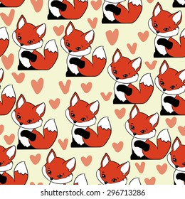Seamless background, foxes on light yellow with orange hearts