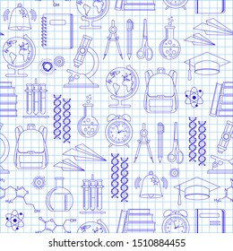 Seamless background. Freehand drawing school items on a sheet of exercise book. Back to School. Vector illustration