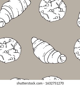 Seamless background with french croissant and cookies. Hand drawn sketch of croissant  and cookies on grey background. Bakery product. Seamless pattern. 