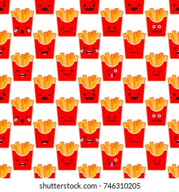 Seamless background with French Fries emotions. Cute cartoon. Vector illustration. Textile rapport.