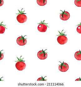 Seamless background with fresh cherry tomatoes painted with watercolors. Bright juicy vegetables. Easy simple outline style