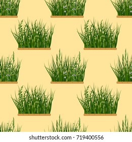 Seamless Background with Fresh Green Grass and Lilac Flowers, Tile Pattern for Your Design. Vector