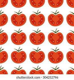 Seamless background with fresh red and yellow cherry tomatoes on white, in flat design