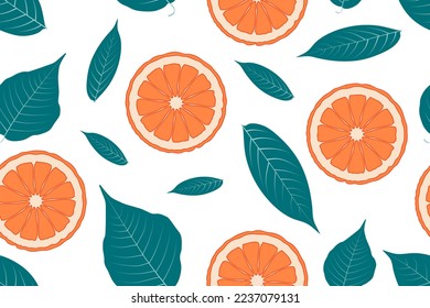 Seamless background with fresh sliced oranges and green leaves with whitw backdrop. Colourful wallpaper vector illustration.