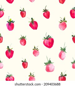 Seamless background with fresh strawberries painted with watercolors. Bright juicy berries. Easy simple outline style