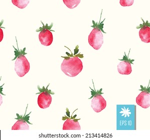 Seamless background with fresh strawberries painted with watercolors. Bright juicy berries. Easy simple outline style