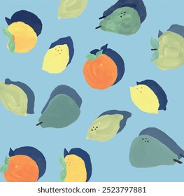 Seamless background. Fresh tropical citrus. Orange, lemon and pears isolated on blue background. The citrus fruits in vector form.