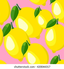 Seamless background with fresh yellow lemon and leaves.