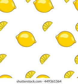 Seamless background with fresh yellow lemons. Vector hand drawn