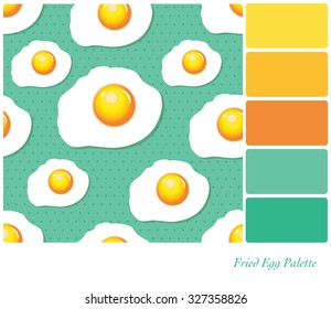 A seamless background of fried eggs over a polka dot pattern. In a colour palette with complimentary colour swatches. EPS10 vector format