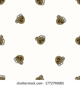 Seamless background frog amphibian gender neutral baby pattern. Simple whimsical minimal earthy 2 tone color. Kids nursery wallpaper or boho cartoon animal fashion all over print.