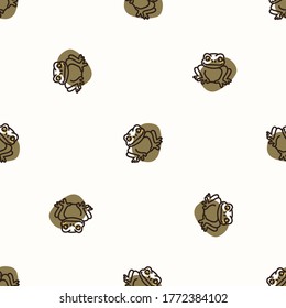 Seamless background frog gender neutral baby pattern. Simple whimsical minimal earthy 2 tone color. Kids nursery wallpaper or boho cartoon animal fashion all over print.