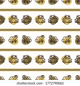 Seamless background frog stripe gender neutral baby pattern. Simple whimsical minimal earthy 2 tone color. Kids nursery wallpaper or boho cartoon animal fashion all over print.