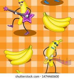 Seamless background fruit bananas character in glasses with musical instruments guitar trumpet on orange in cage background. Textile printing paper wrapper. Vector image eps 10