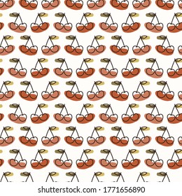 Seamless background fruit cherry. Gender neutral kid food pattern. Simple whimsical minimal earthy 2 tone color. Baby nursery wallpaper or boho decorative gardening decor all over print. 