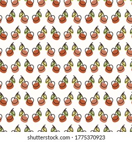 Seamless background fruit cherry. Gender neutral kid food pattern. Simple whimsical minimal earthy 2 tone color. Baby nursery wallpaper or boho decorative gardening decor all over print. 