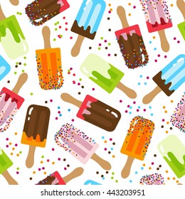Seamless background with fruit and chocolate ice cream on a stick. Vector illustration for printing on fabric, clothing, posters and surfaces.