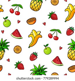 Seamless background with fruit patch badges. Pineapple, apple, orange, banana, watermelon, cherries and other. Comic book style vector stickers, pins, patches, illustrations