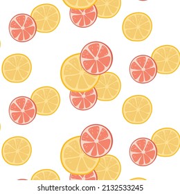 Seamless background with fruits and berries. Summer illustrations. Drawing of slices of delicious oranges, lemons. Wrapping paper, postcards.