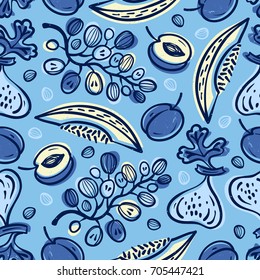 Seamless background with fruits. Hand drawn vector Illustration, retro effect