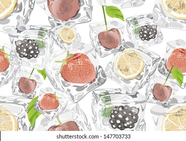 Seamless background with fruits in Ice cubes over white