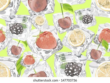 Seamless background with fruits in Ice cubes over green