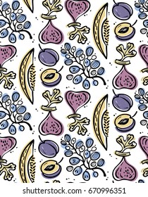 Seamless background with fruits on white. Hand drawn vector Illustration, retro effect