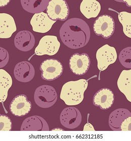 Seamless background with fruits. Peach. Nectarine. Pear. Pieces of fruit.