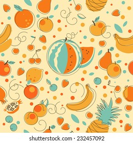 Seamless background with fruits in retro doodle style