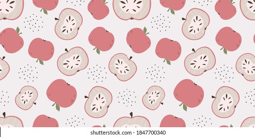 El fondo es impecable, con frutas. Ilustración vectorial. Adecuado para tela, papel pintado, diseño de cocina. Apple con estilo de caricatura
