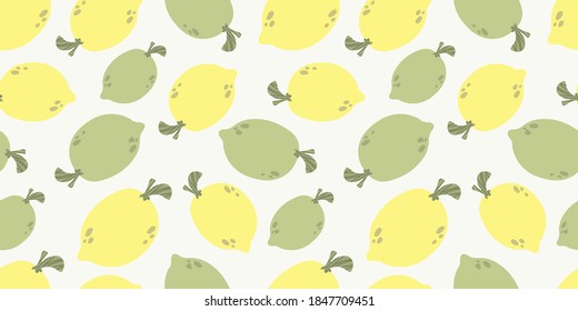 Seamless background with fruits. Vector illustration. Suitable for fabric, wallpaper, kitchen design. Lemon in cartoon style. 
