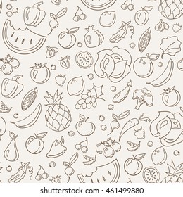 Seamless  background with Fruits and Vegetables line icons. Healthy food vector seamless pattern. Food pattern.