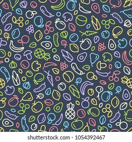 Seamless background with fruits and vegetables. Vector fresh organic food pattern