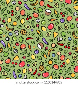 Seamless background with fruits and vegetables. Vector fresh organic food pattern