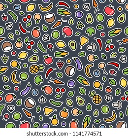 Seamless background with fruits and vegetables. Vector fresh organic food pattern