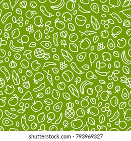 Seamless Background With Fruits And Vegetables. Vector Fresh Organic Food Pattern