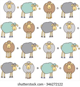 Seamless background with fun colored sheep. Can be used for wallpaper, pattern fills, greeting cards, webpage backgrounds, wrapping paper, scrap booking or fabric. Vector illustration. EPS 10.