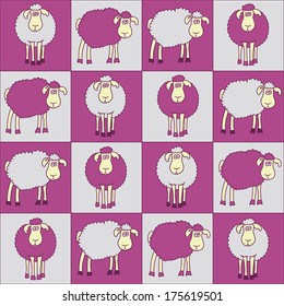 Seamless background with fun magenta sheep.