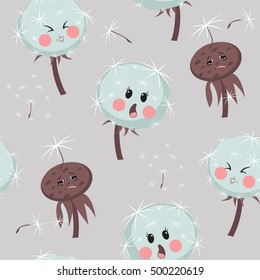 Seamless background with fun and mischievous dandelions. Vector illustration for print, Wallpaper, background, textile.