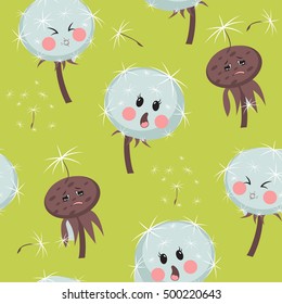 Seamless background with fun and mischievous dandelions. Vector illustration for print, Wallpaper, background, textile.