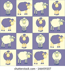 Seamless background with fun violet sheep.
