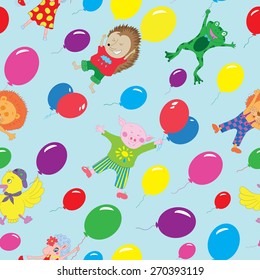 Seamless background with funny animals flying on colorful balloons in sky, hand drawn illustration