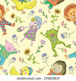 Seamless background with funny animals wearing cute clothing and flowers, hand drawn illustration
