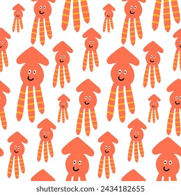 seamless background with funny baby squid or calamary. Marine pattern