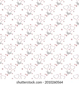 Seamless background with funny birds and balloons in the shape of heart. Decorative soft pattern design.