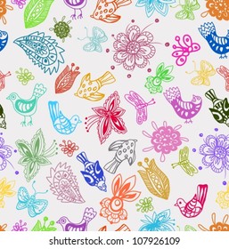 Seamless Background with funny birds and flowers, cute hand drawn vector illustration