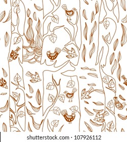 Seamless Background with funny birds and tree, cute hand drawn vector illustration