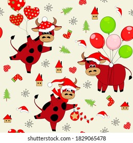 Seamless background with funny brown bulls, symbol of 2021, and festive New Year/Christmas elements. Vector illustration. For packing, fabric, New Year/Christmas postcard, wallpaper, scrapbooking.