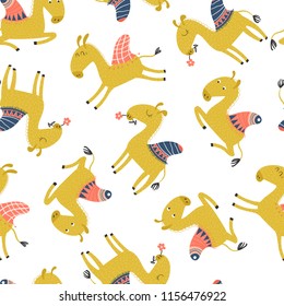 Seamless background with funny camels on a white background. Vector illustration for children.