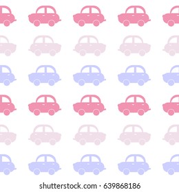 Seamless background from funny cars. Vector illustration of cars pink and lilac shades. Gentle tones. 